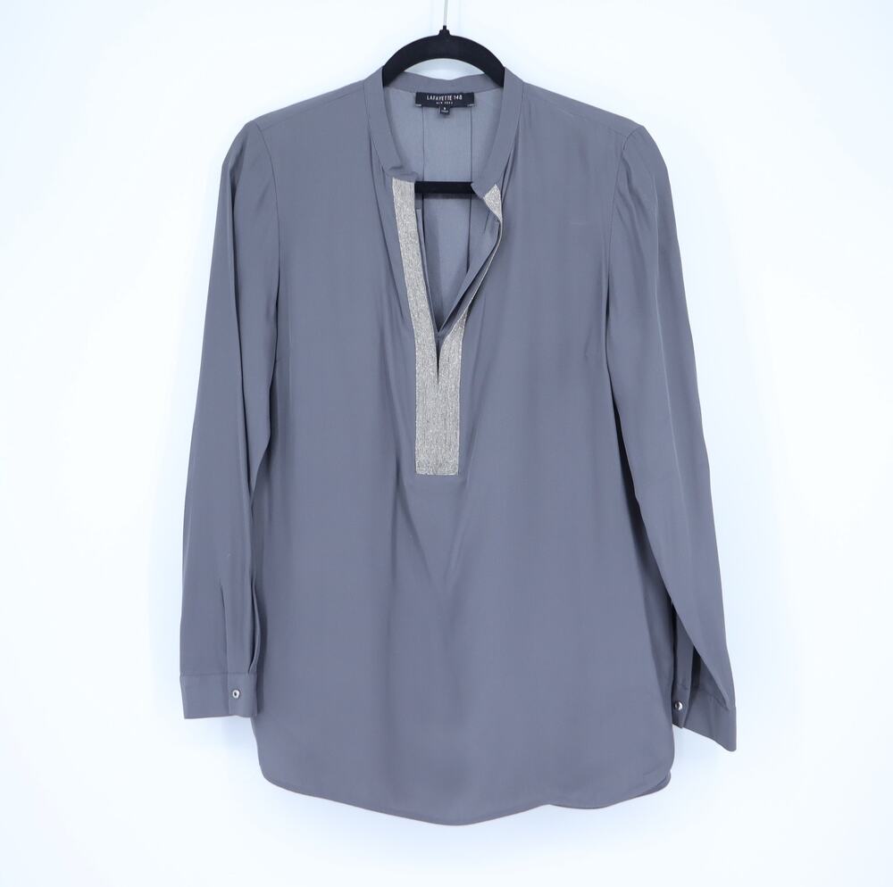 Lafayette 148 Beaded Silk Tunic Blouse Gray Split Neck Lightweight Women's S